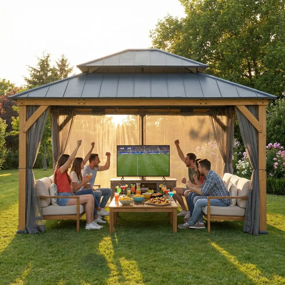 People watching a soccer match on a TV screen inside a wooden gazebo with outdoor furniture.