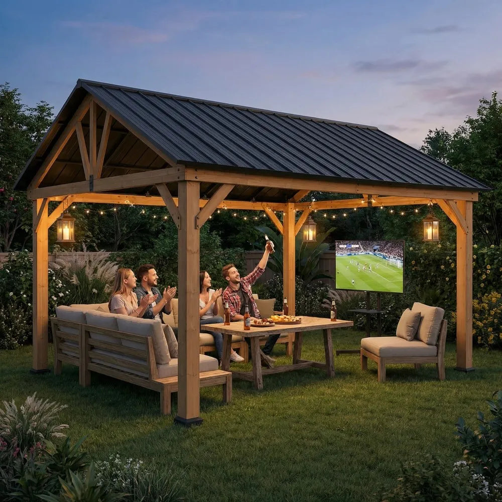 People enjoying a movie night outdoors under a wooden pavilion with a screen displaying a sports event.