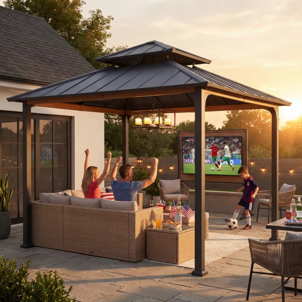 Family watching sports on a screen in an outdoor gazebo with American flags.