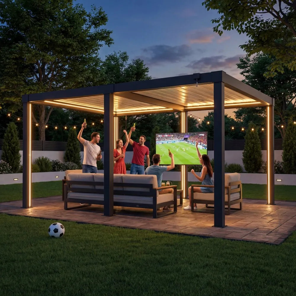 People watching a soccer match on a screen in an outdoor pavilion at night.