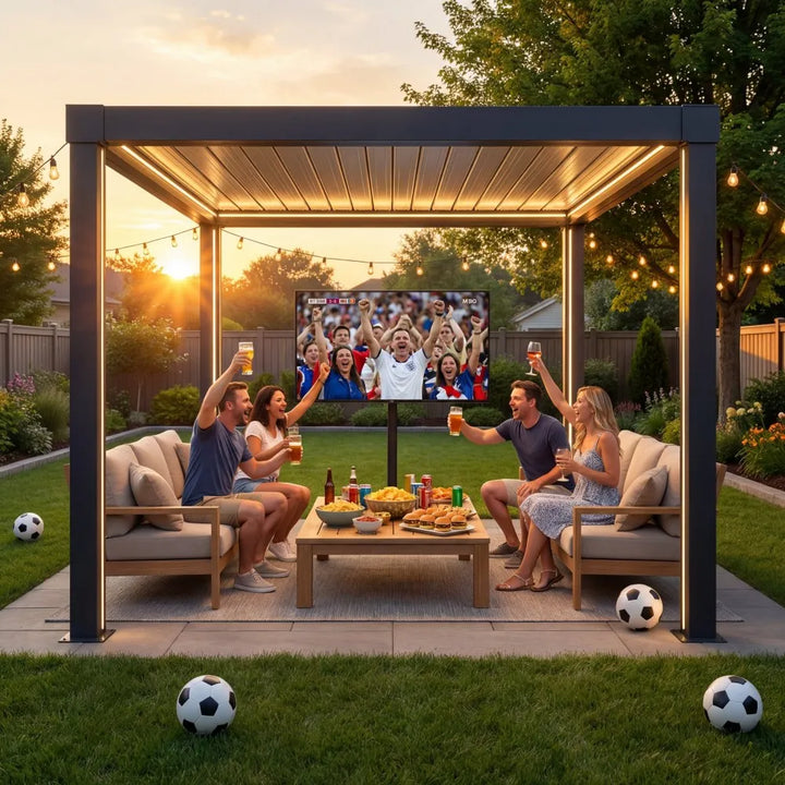 People watching a sports event on an outdoor screen in a backyard setting.