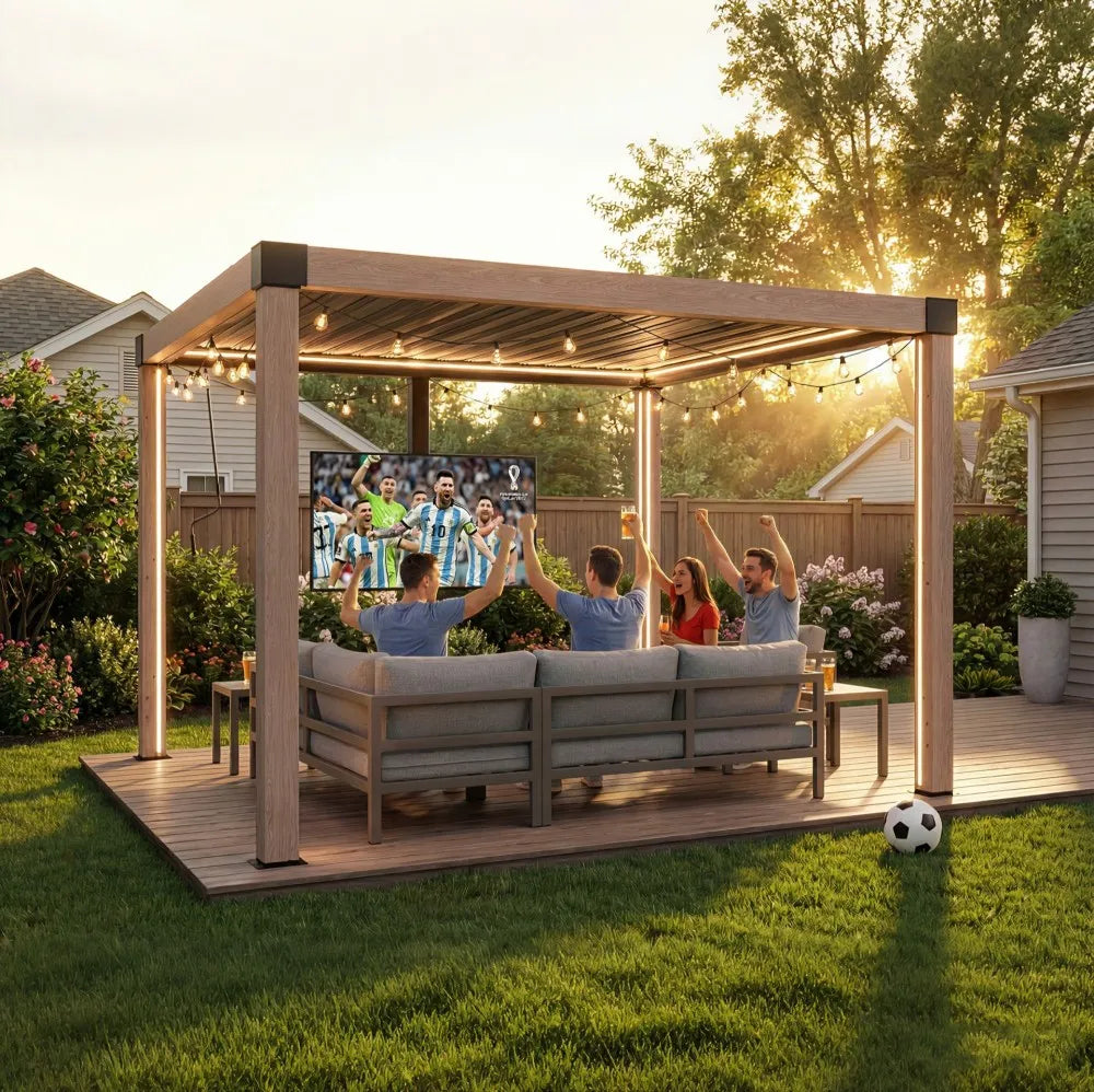 People watching a sports event on a screen in a backyard with a wooden pavilion.