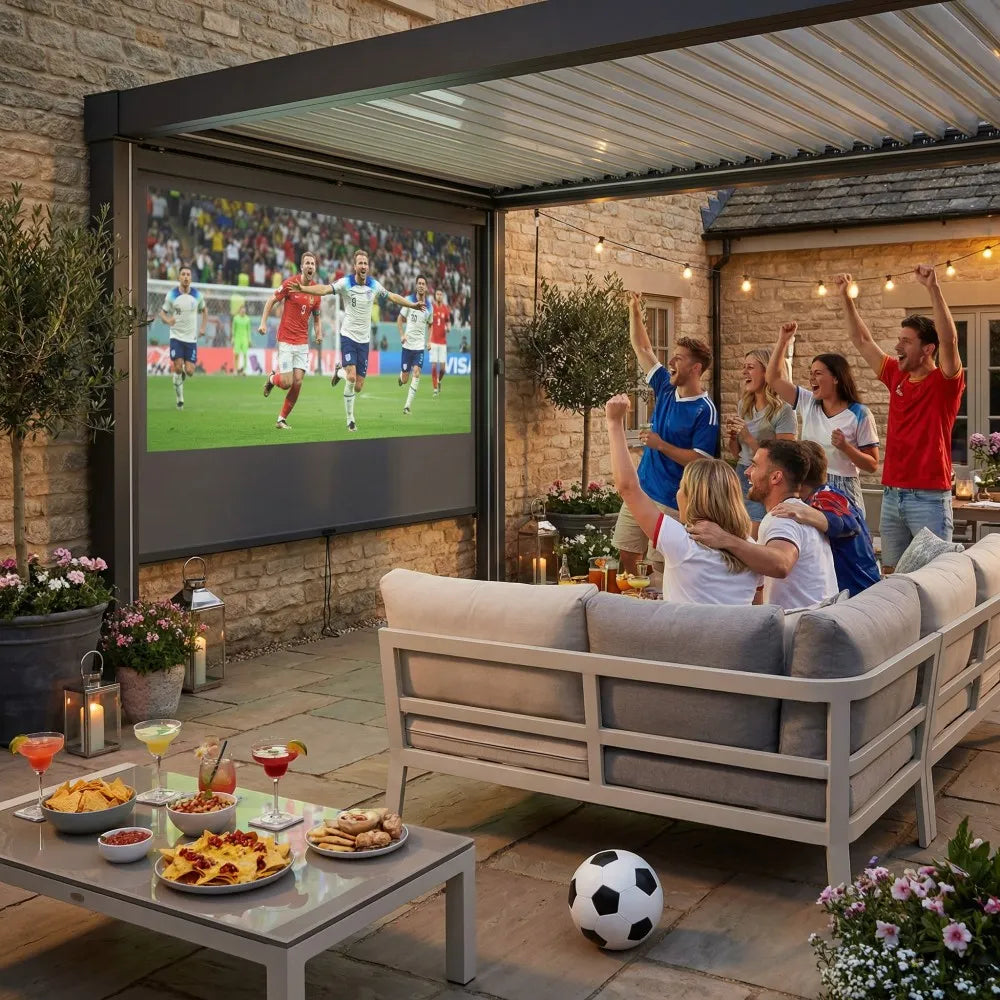 People watching a soccer match on an outdoor screen with patio furniture and snacks.