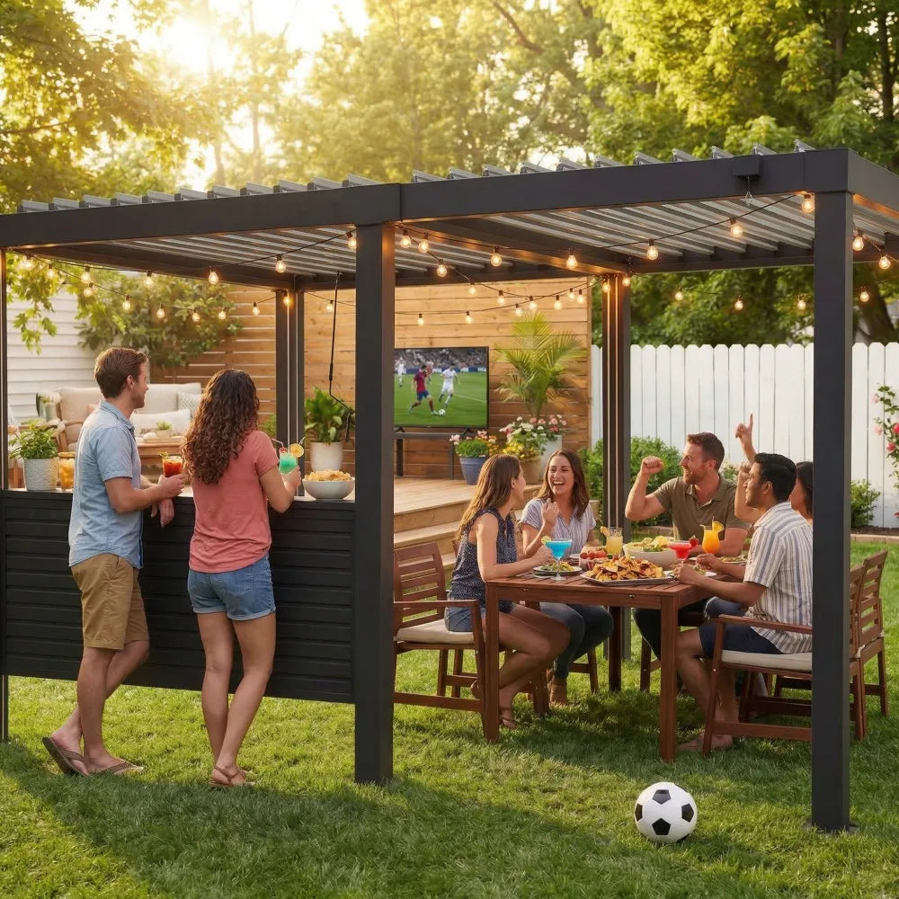 Group of people enjoying a barbecue outdoors under a pergola with string lights.