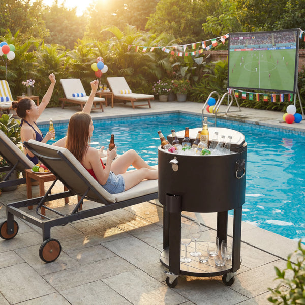Two women by a pool with a cooler full of drinks and a TV screen displaying a sports game.