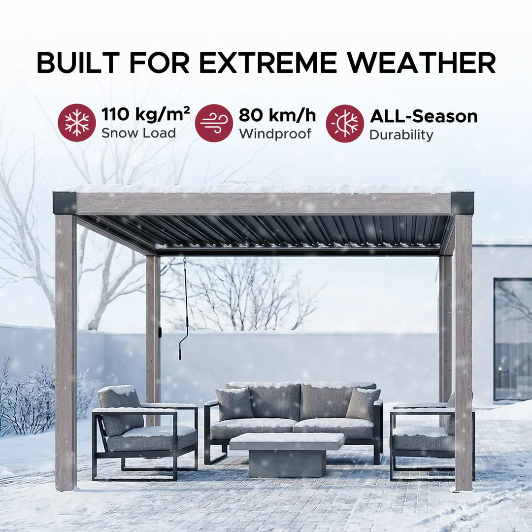 SUNJOY Aluminum Louvered Pergola with Solar LED Lights &amp; Drainage System - 3.06m x 3.06m, Woodgrain