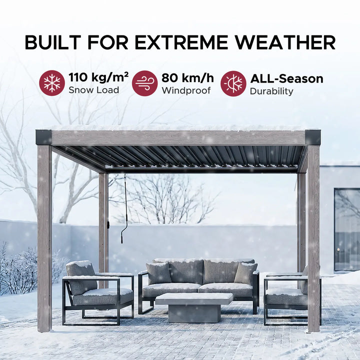 SUNJOY Aluminum Louvered Pergola with Solar LED Lights &amp; Drainage System - 3.06m x 3.06m, Woodgrain