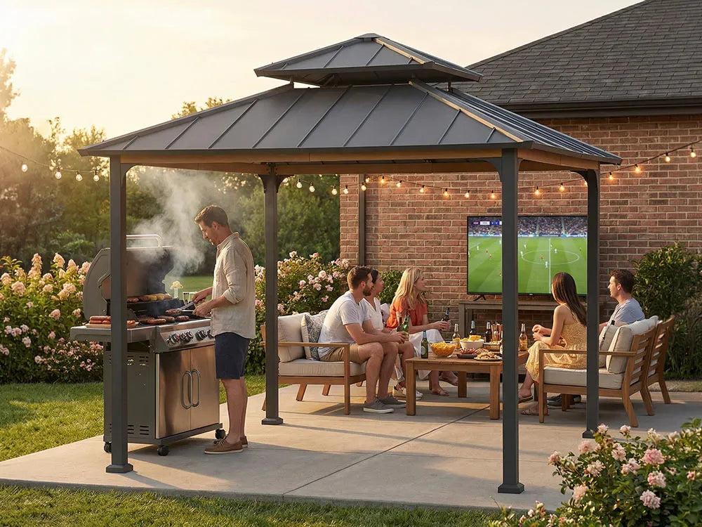 People enjoying a barbecue in a backyard with a gazebo, outdoor furniture, and a TV displaying a sports game.