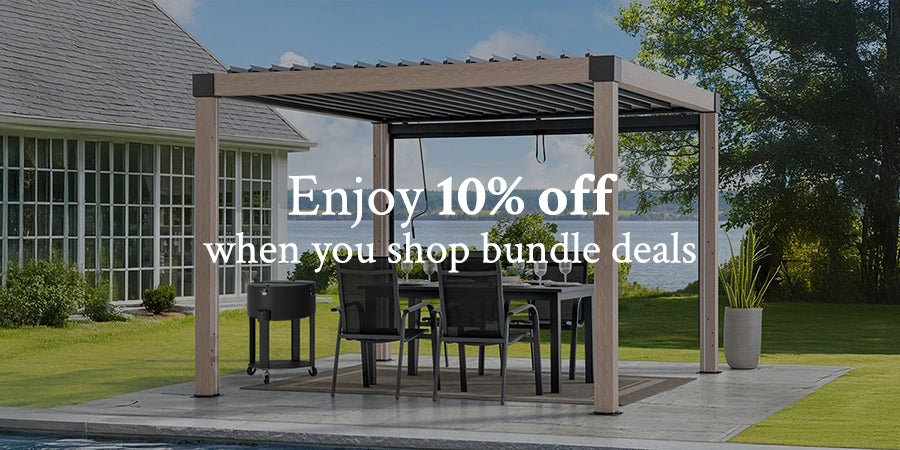 Patio with pergola, table, and chairs with promotional text overlay.