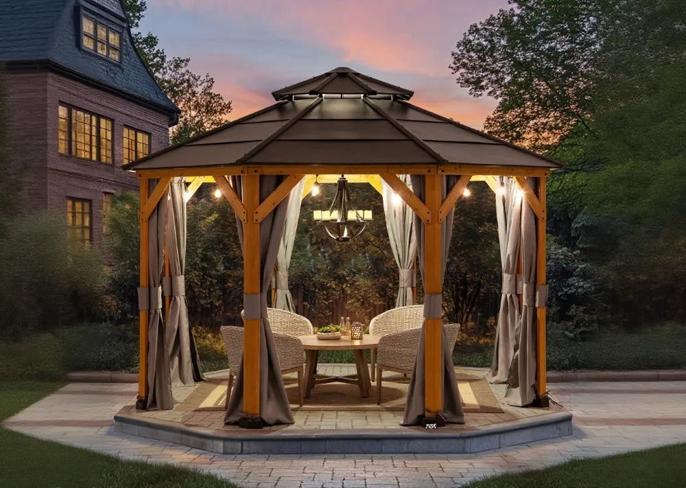 Wooden gazebo with curtains in a backyard setting during dusk.