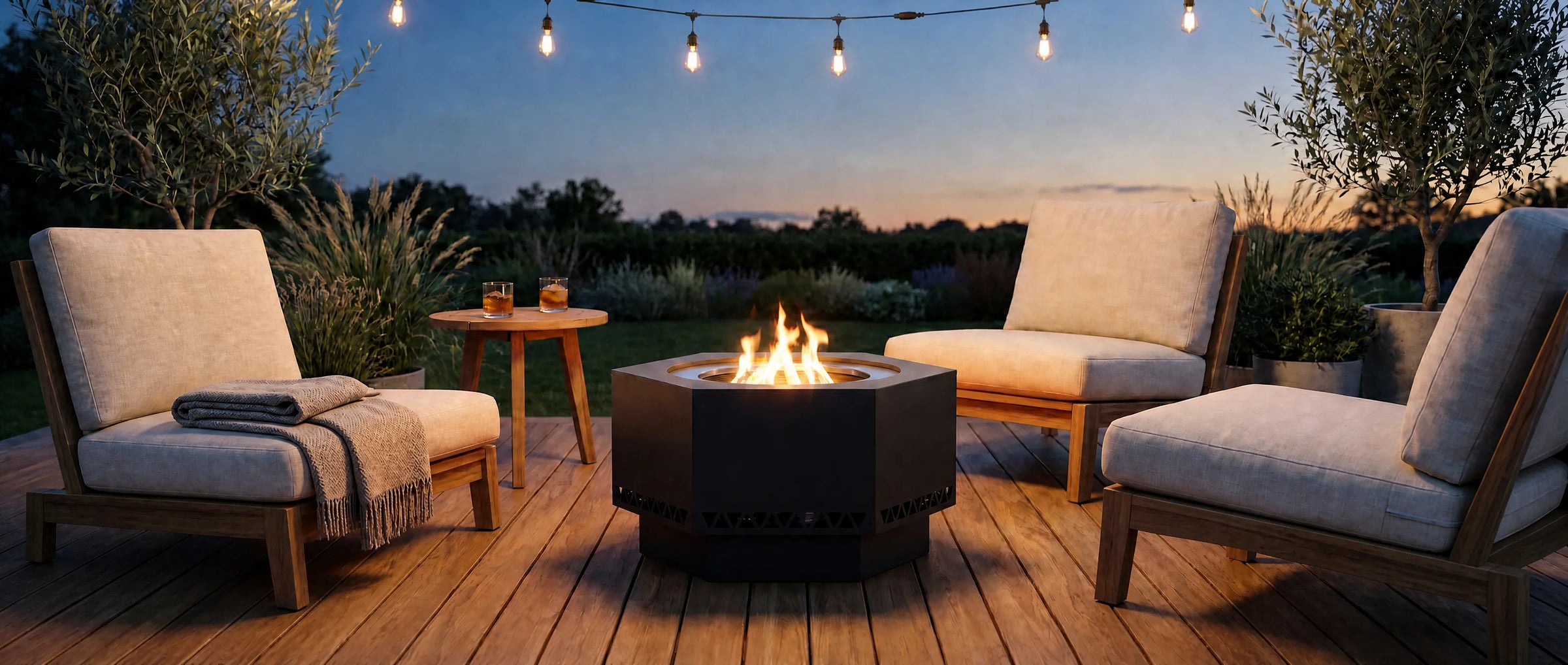 Outdoor patio setting with fire pit, chairs, and string lights at dusk.