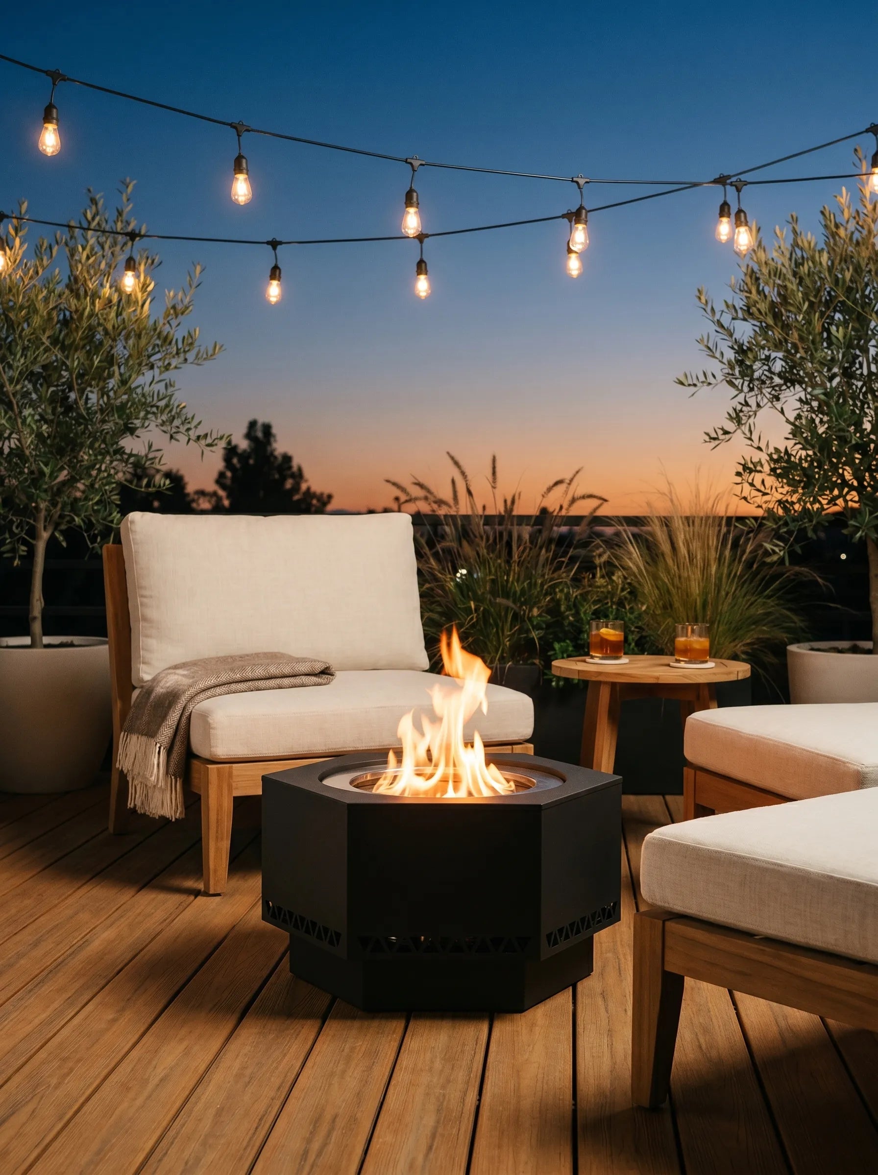 Outdoor patio with fire pit, chairs, and string lights during sunset.