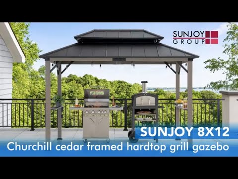 Product Display of SUNJOY 3.6m x 2.4m Wood Grill Gazebo with Electrical Outlets and Shelves