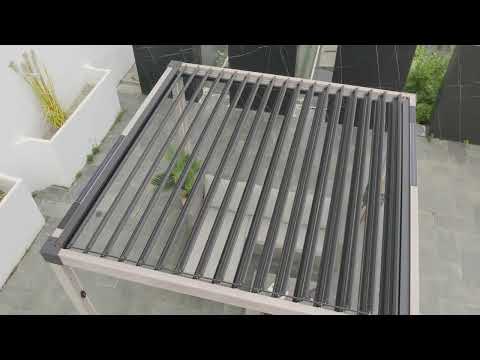 Product Display of SUNJOY 3.06m x 3.06m Aluminum Louvered Pergola with Solar LED Lights - Woodgrain