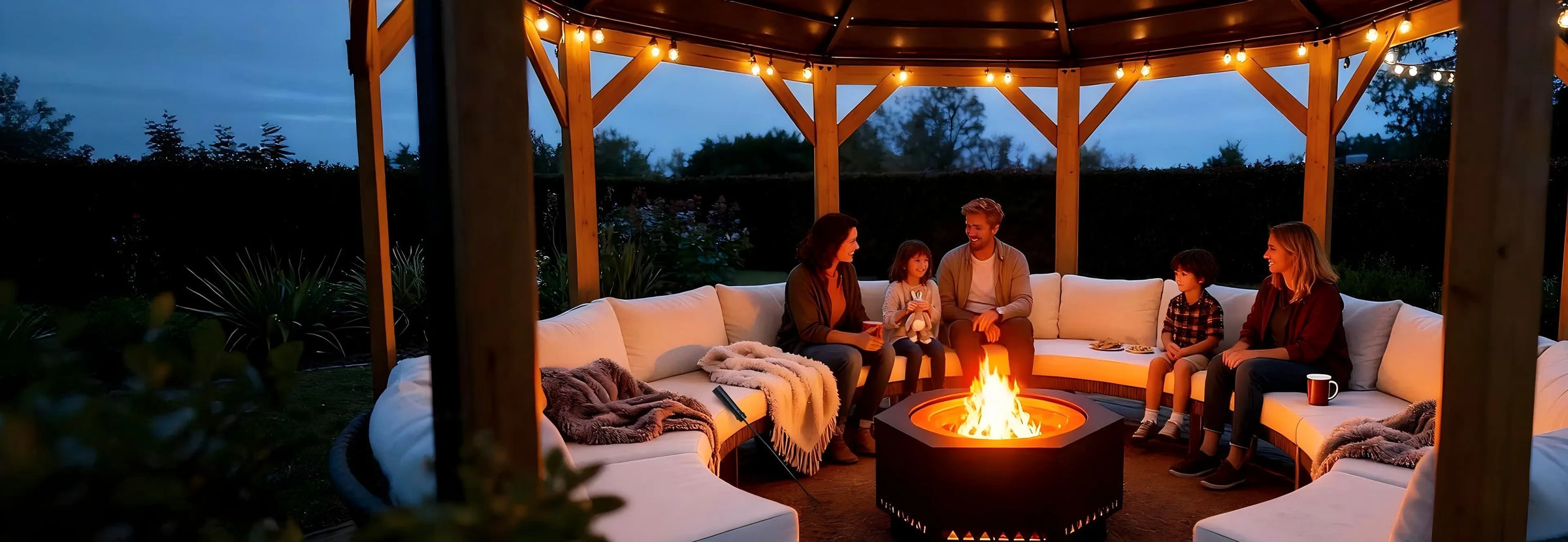 People sitting around a fire pit under string lights in a wooden gazebo.