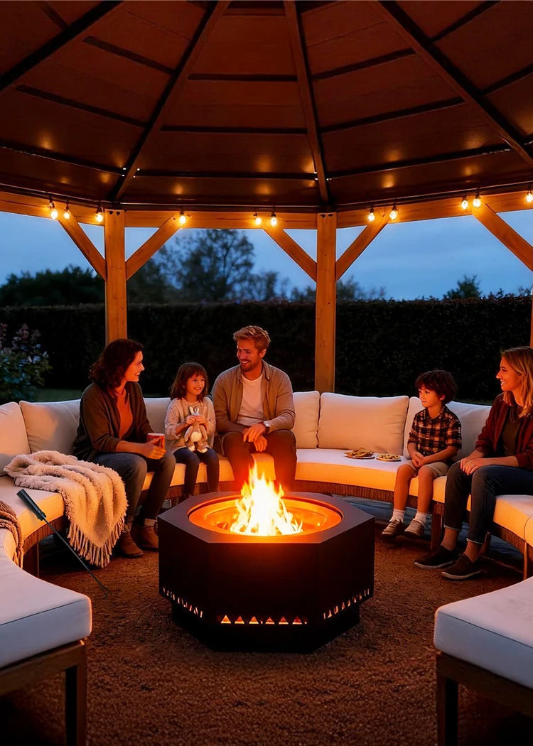 Family gathered around a fire pit under a wooden gazebo at dusk.