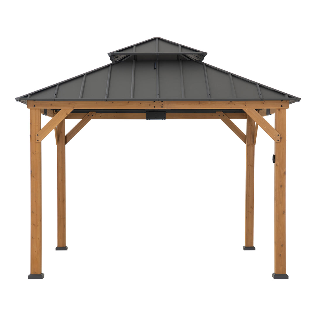 Wooden gazebo with a black metal roof on a white background