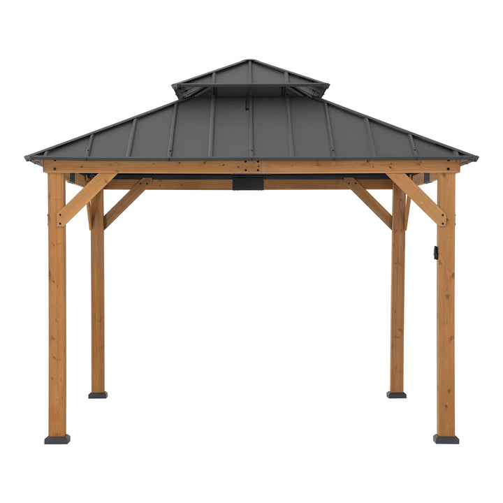 Wooden gazebo with a black metal roof on a white background
